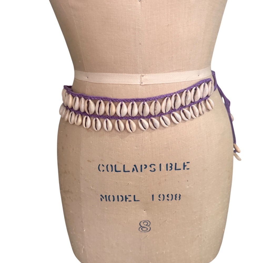 90s Purple Braided Cowrie Shell Waist Belt Boho Beach Festival Tie Closure New